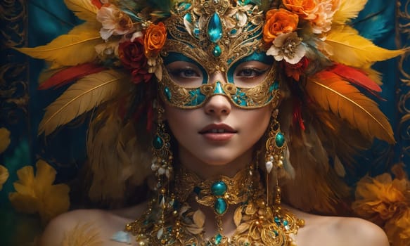 Beautiful young woman in a Venetian mask at the masquerade. ai generative.