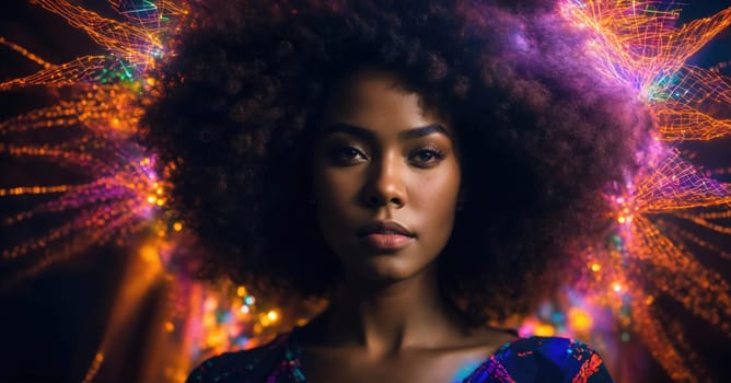 Beautiful african american woman with afro hairstyle and outlined in light. ai generative.