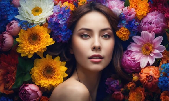 Portrait of beautiful woman with flower wreath on her head. ai generative.
