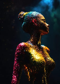 Beautiful young woman with colorfull hair in colorful smoke. ai generative.