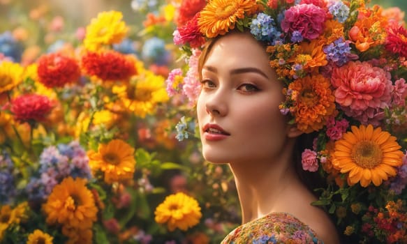 Portrait of beautiful woman with flower wreath on her head. ai generative.