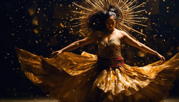 Beautiful young woman in a wreath of flowers dancing flamenco. ai generative.