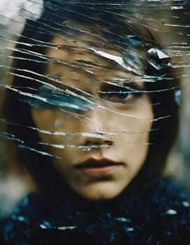 Close up shot of a beautiful woman's eye through broken glass. ai generative.