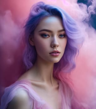 Portrait of a beautiful young woman with pink hair and smoke clouds. ai generative.