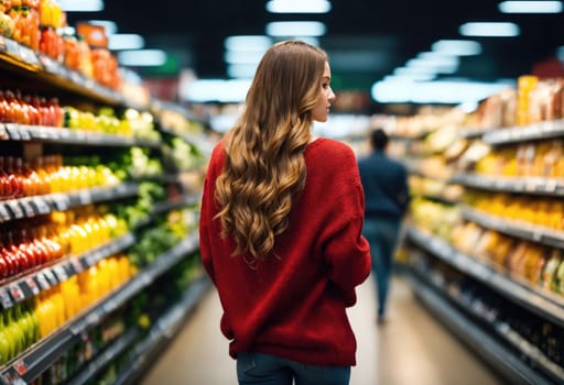 The beautiful woman is looking at the shelves to buy something from the supermarket. ai generative.