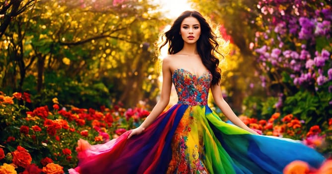 fashion photo of beautiful woman in a long luxurious dress posing. ai generative.