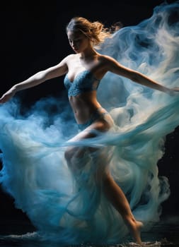 Beautiful young woman in a long dress dancing. ai generative.