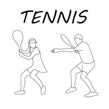 Tennis player and woman tennis player. Outline drawing. Coloring book for children. Sports concept. Vector image.