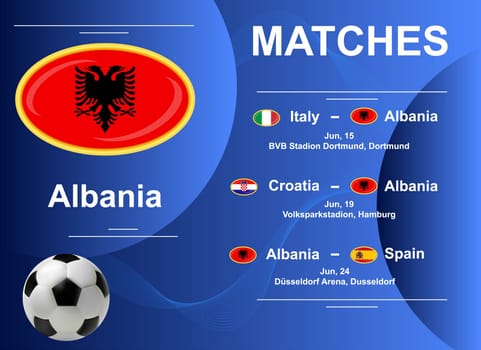 Schedule of matches of the Albanian national team at the final stage of the European Football Championship 2024. Vector image.