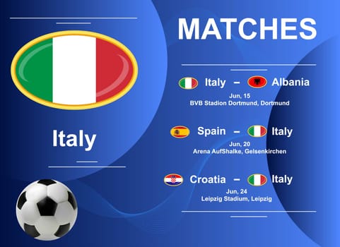 Schedule of matches of the Italian national team at the final stage of the European Football Championship 2024. Vector image.