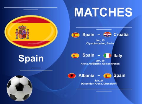 Schedule of matches of the Spanish national team at the final stage of the European Football Championship 2024. Vector image.