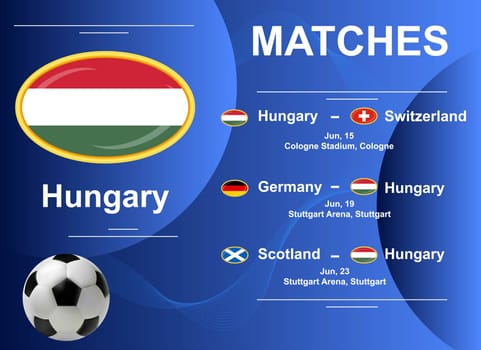 Schedule of matches of the Hungarian national team at the final stage of the European Football Championship 2024. Vector image.