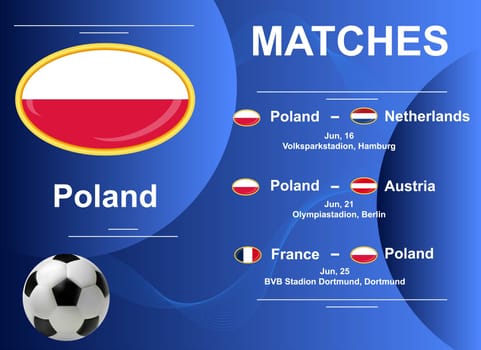 Schedule of matches of the Polish national team at the final stage of the European Football Championship 2024. Vector image.