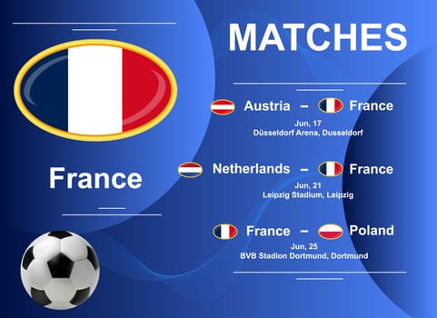 Schedule of matches of the French national team at the final stage of the European Football Championship 2024. Vector image.