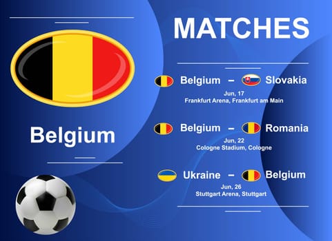 Schedule of matches of the Belgium national team at the final stage of the European Football Championship 2024. Vector image.