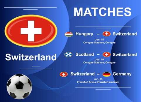 Schedule of matches of the Swiss national team at the final stage of the European Football Championship 2024. Vector image.