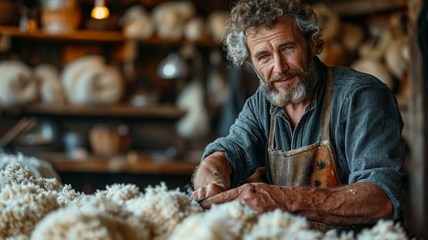 Dedicated farmer skillfully shearing sheep in workshop surrounded by wool, capturing essence of rural life.