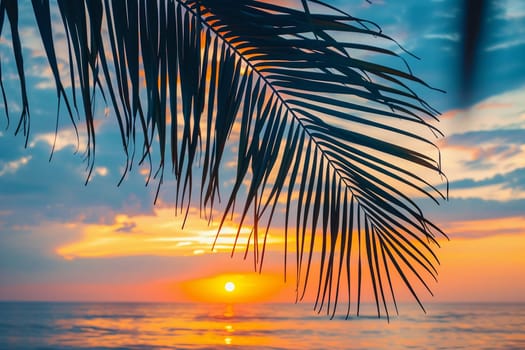 Majestic ultra sharp photo capturing calm sea, vibrant tropical sunset, and palm leaf silhouette in serene scenery
