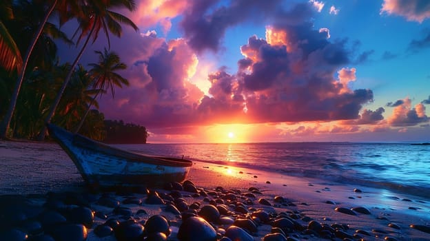 Picturesque scene of a tropical sunset with vibrant sky, coconut palms, and old boat on serene beach with stones.