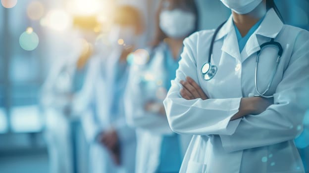Professional healthcare team of doctors standing in hospital corridor with confident posture, representing medical teamwork and expertise.