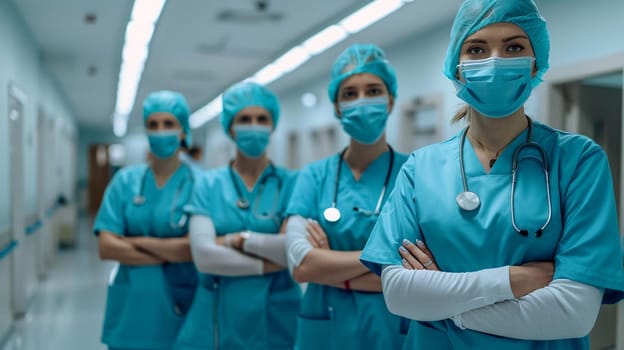 Professional medical team ready for duty in hospital corridor, showcasing teamwork, healthcare professionals in action.