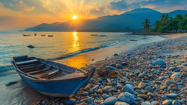 Serene sunset view at tropical beach with palm trees, rocks, mountains, and wooden boat on shoreline under golden sky