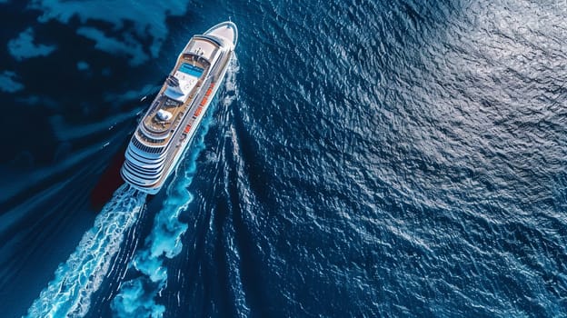 Drone view of luxury cruise liner sailing on vast open ocean, showcasing travel, leisure and adventure on high seas.