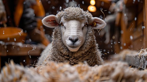 Expert farmer carefully shearing wool from sheep using scissors, captured in vibrant, rustic farm environment.