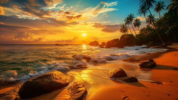 Serene beach scene with golden sunlight reflecting off ocean waves and silhouettes of palm trees during a peaceful tropical sunrise.