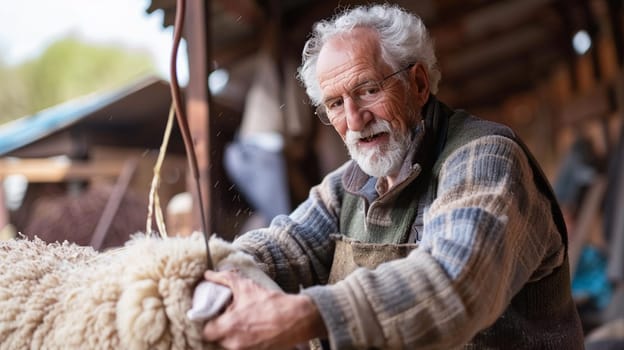 Focused elderly farmer meticulously shearing wool off sheep in rustic farm setting, representing rural life and traditional craftsmanship.