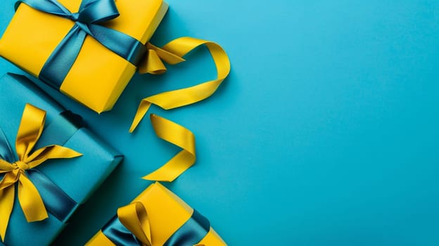 Vibrant yellow and blue gift boxes with elegant ribbons arranged on turquoise background, symbolizing celebration and generosity.