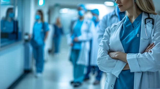 Focused healthcare professional standing forefront with team of doctors in blurred hospital background, illustrating teamwork and medical staff at work.