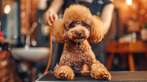 Professional groomer styles poodle's fur in pet salon, focus on providing quality animal care and hygiene.