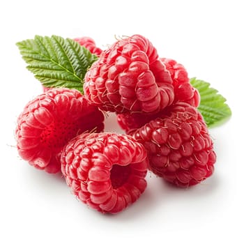 Ultra sharp image of vibrant raspberries with green leaves isolated on white, perfect for healthy lifestyle and diet concepts.