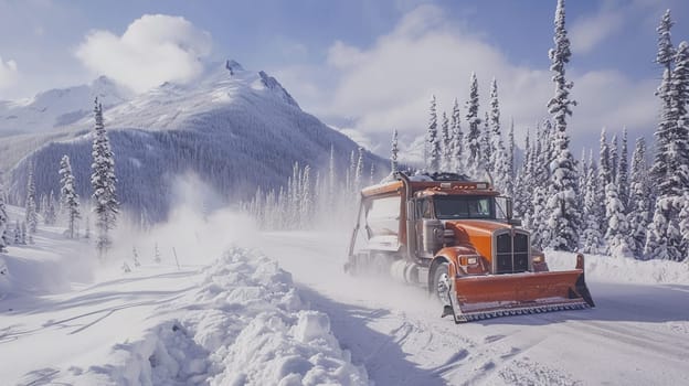 Orange snowplow truck in action, clearing snow from mountain highway with dense forest and mountain peaks backdrop in winter.