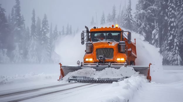 Powerful orange snowplow in action on snowy forest road during winter season, ensuring safety and accessibility for vehicles.