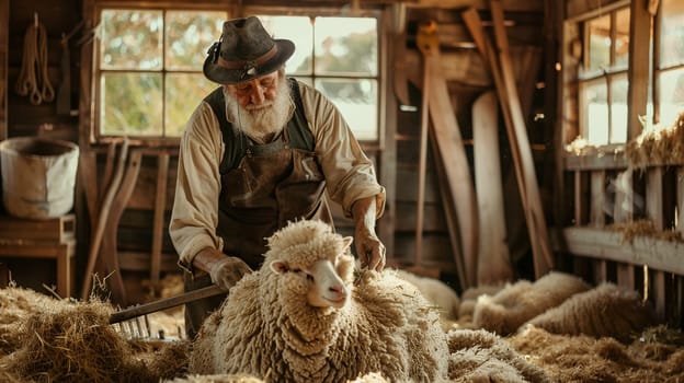 Warm sunlight floods rustic barn where skillful farmer shears wool from calm sheep  symbolizing rural life, livestock care, and agriculture.