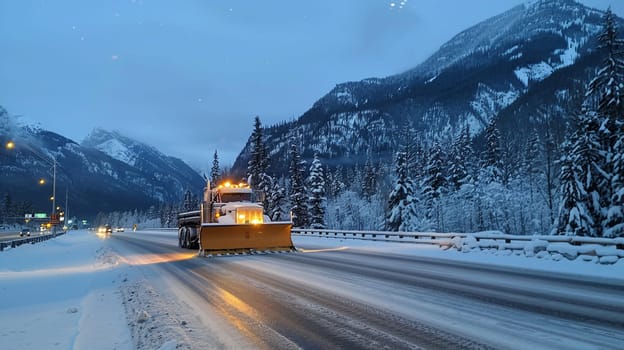 Snowplow in action on snow-covered highway with mountains in background, captured during early evening hours in winter.