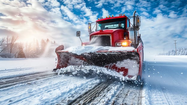 Red snowplow truck working on removing snow from road during winter season, ensuring safe transportation under majestic skies in USA or Canada.