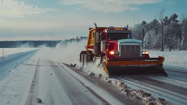 Industrial snowplow truck clearing snow on highway with powerful movement in cold, snowy winter setting in North America.