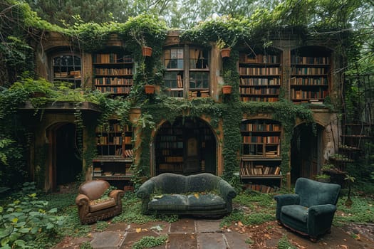 Nature reclaims vintage library space with overgrown greenery covering walls and furniture, creating an atmosphere of forgotten beauty.