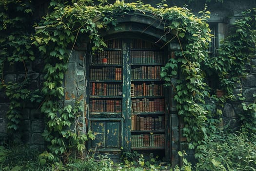 Nature reclaims library, with lush greenery enveloping shelves of vintage books in a serene, abandoned atmosphere.