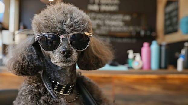 Chic poodle sports sunglasses sitting inside a dog hair salon, portraying pet grooming in stylish, humorous tone.