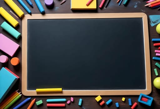 AI generated of a blackboard with colorful pencils, chalks, and other school supplies