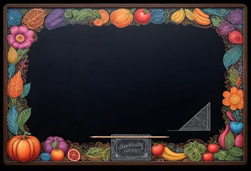AI generated of a blackboard with a colorful frame and fruit and vegetables