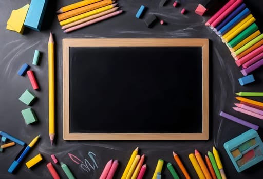 AI generated of blackboard with colorful school supplies on a black background
