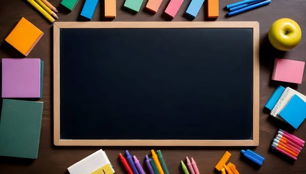 AI generated of blackboard with school supplies on a wooden table