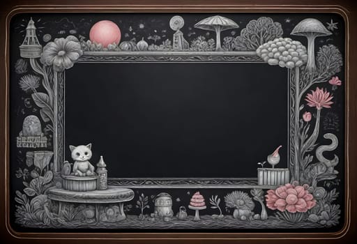 AI generated of a blackboard with a picture of a cat and mushrooms