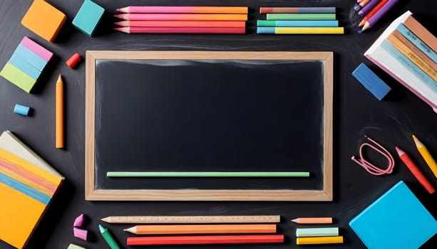 AI generated of school supplies and chalkboard on black background