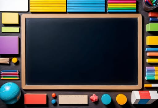 AI generated of blackboard with colorful school supplies on a black background